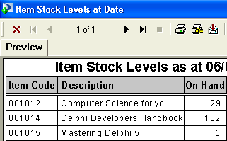 Item Stock Levels as at Date report