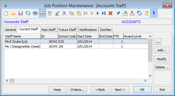 Job Position Maintenance - Current Staff tab