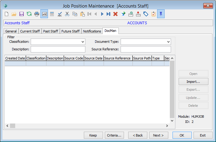 Job Position Maintenance - DocMan tab