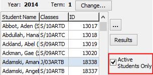 Learning Area Maintenance - Students tab (Active students only field highlighted)