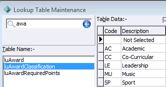 Lookup Table Maintenance - luAwardClassification lookup table