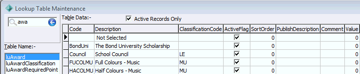 Lookup Table Maintenance - luAward lookup table