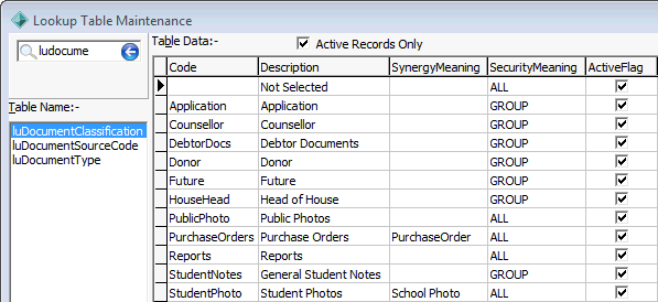 Lookup Table Maintenance - luDocumentClassification (part 1)