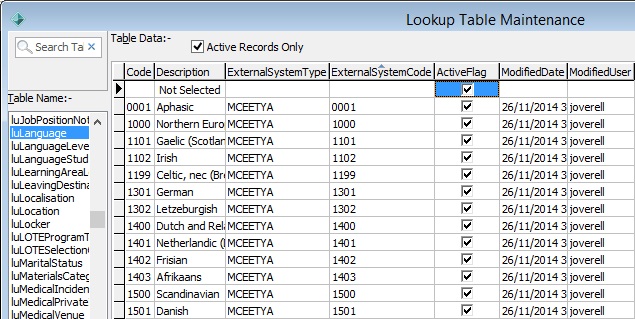 Lookup Table Maintenance - luLanguage (for loading from external table, populated)