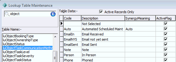 Lookup Table Maintenance - luObjectTaskCommunicationMethod