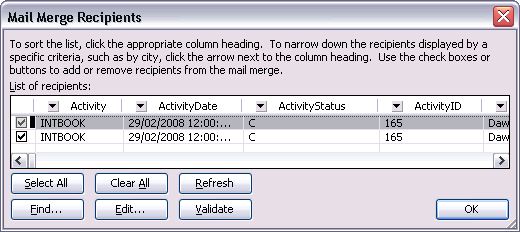 Mail Merge Recipients window
