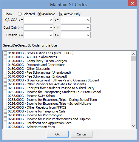 Maintain GL Codes window