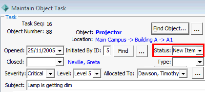 Maintain Object Task (cut down, status highlighted)