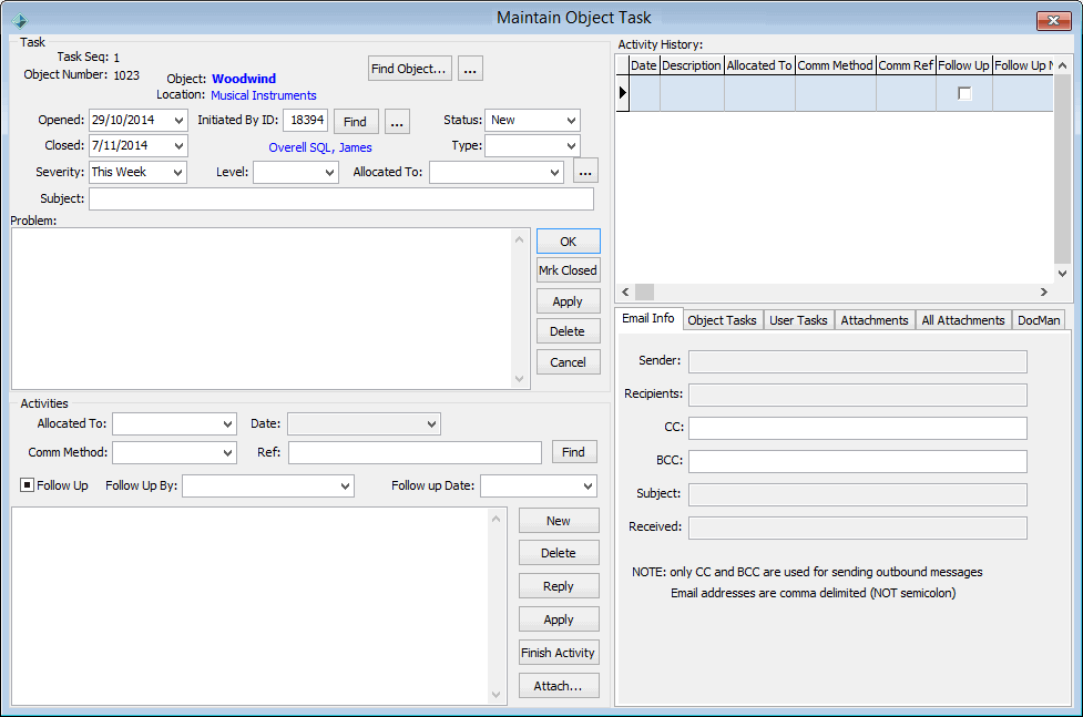 Maintain Object Task window (populated)