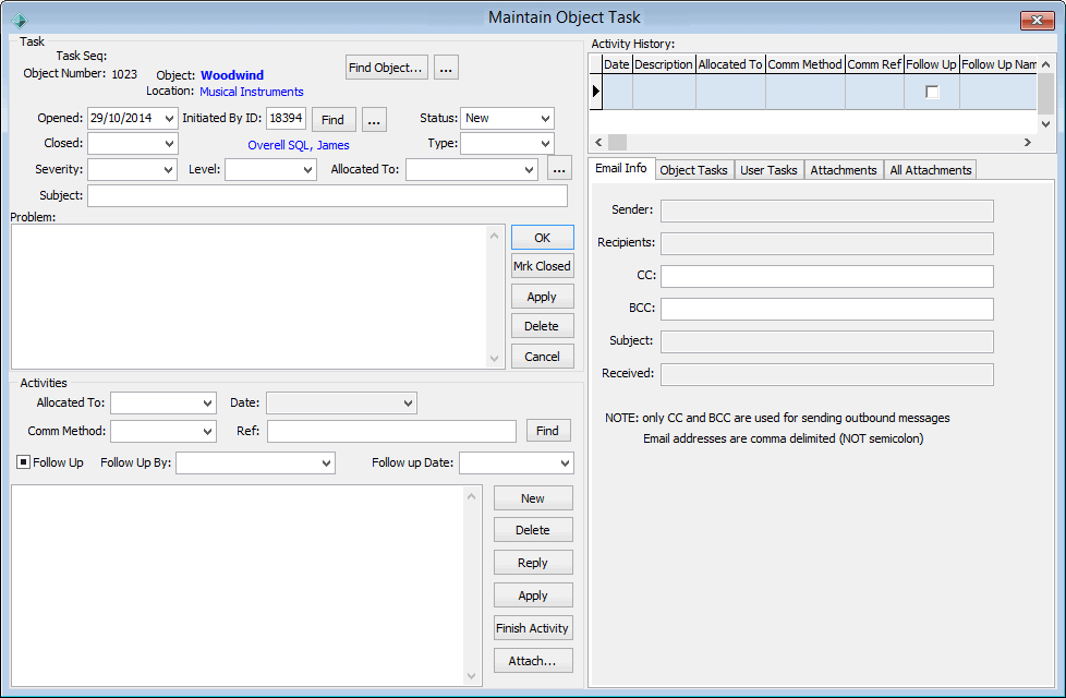 Maintain Object Task window