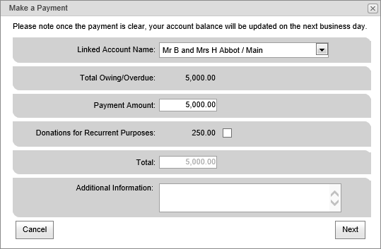 Make a Payment window (Portal)