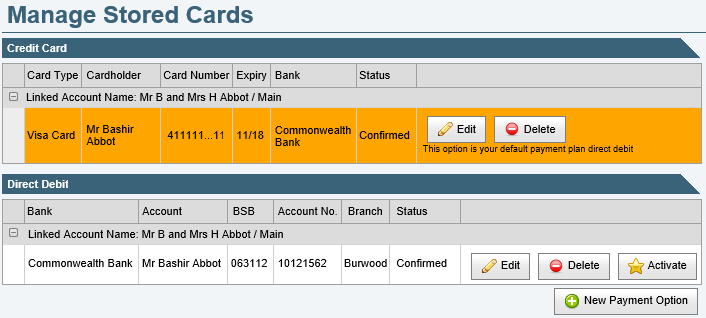 Manage stored cards (debtor launching)