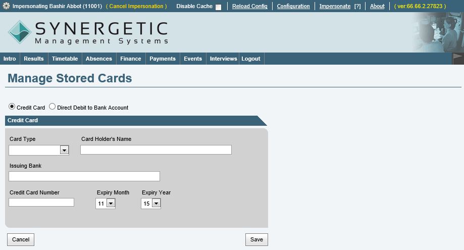 Manage Stored Cards tab (portal)