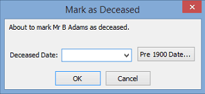 Mark as Deceased window (Community Maintenance - Flags tab)