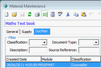 Material Maintenance - DocMan tab (cut down)
