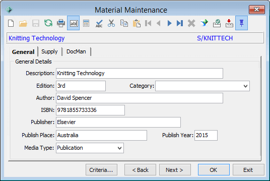 Material Maintenance - General tab