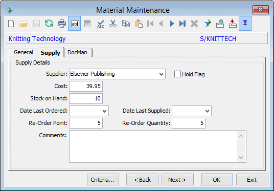 Material Maintenance - Supply tab