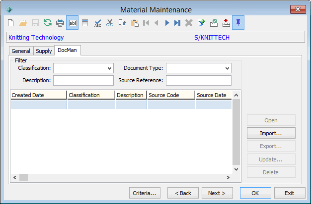 Materials Maintenance - DocMan tab