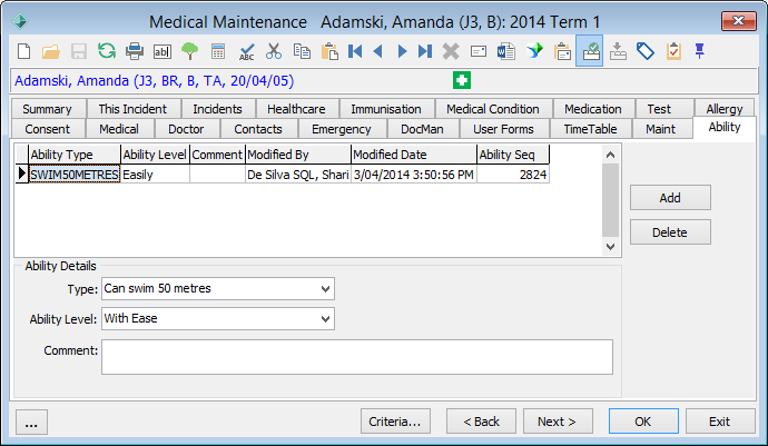 Medical Maintenance - Ability tab