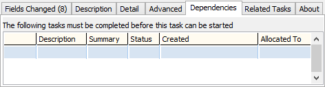 Medical Maintenance - Action Centre tab - Dependencies sub-tab