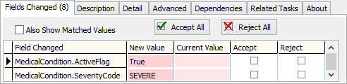 Medical Maintenance - Action Centre tab - Fields changed sub-tab