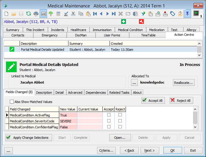 Medical Maintenance - Action Centre tab