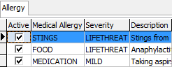 Medical Maintenance - Allergy tab (grid-area, cut-down)