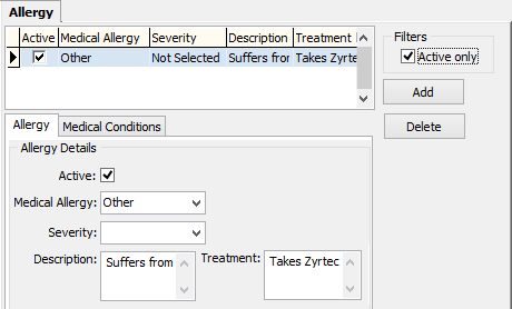 Medical Maintenance - Allergy tab (WN, allergy sub-tabs cut-down)