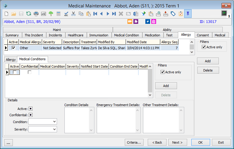 Medical Maintenance - Allergy tab - Medical Conditions sub-tab