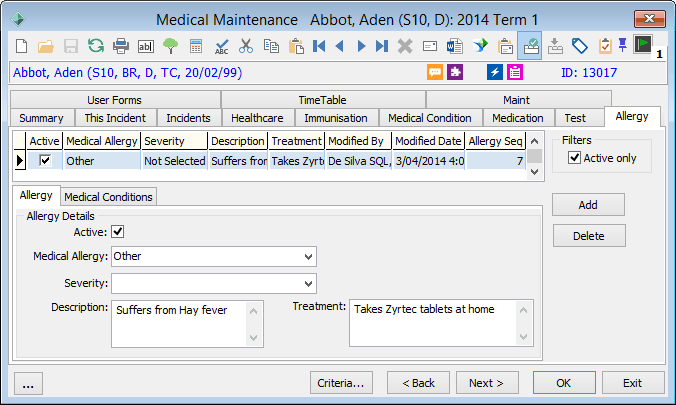 Medical Maintenance - Allergy tab