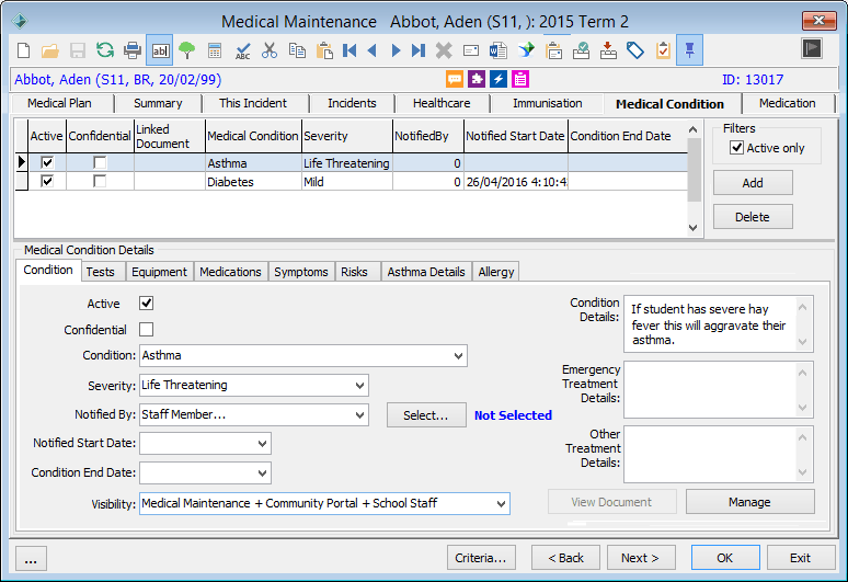 Medical Maintenance - Condition sub-tab