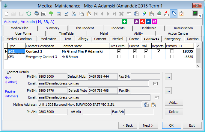 Medical Maintenance - Contacts tab
