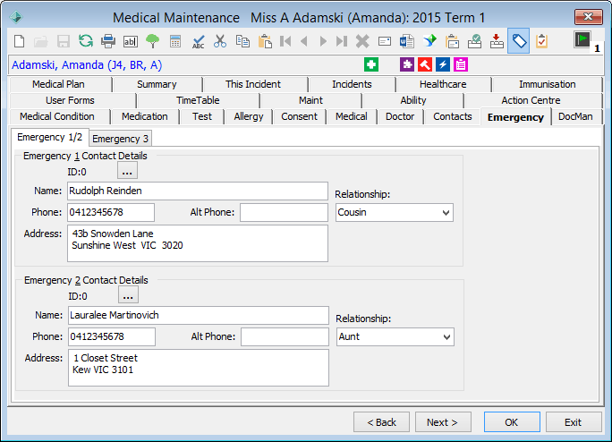 Medical Maintenance - Emergency tab