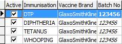 Medical Maintenance - Immunisation tab (grid area, cut-down)