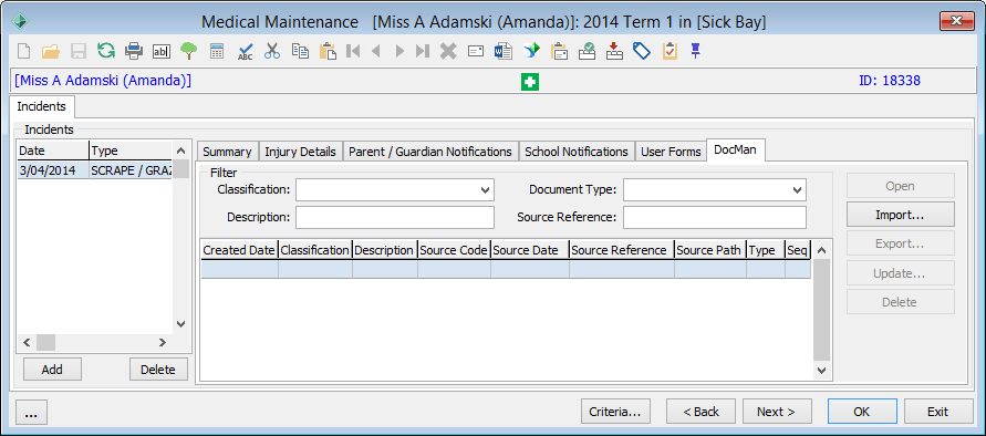 Medical Maintenance - Incidents tab - DocMan tab