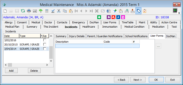 Medical Maintenance - Incidents tab - UserForm sub-tab