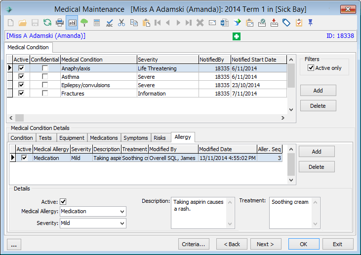 Medical Maintenance - Medical Condition tab - Allergy sub-tab