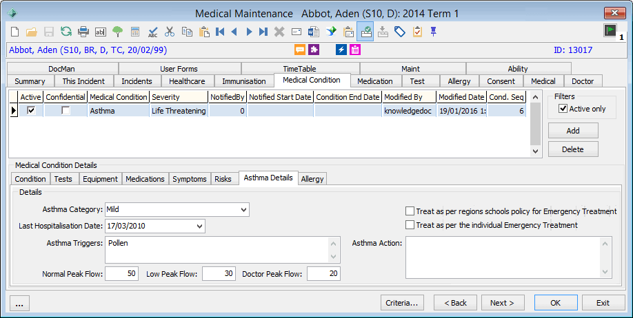 Z:\Customers\Computing Directions\AuthorIT\Screen captures\Medical Maintenance - Medical Condition tab - Asthma Details sub-tab