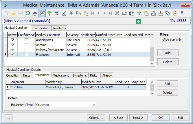 Medical Maintenance - Medical Condition tab - Medical Equipment sub-tab