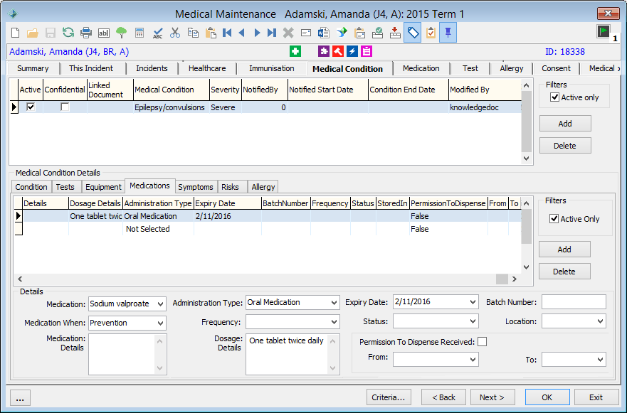 Medical Maintenance - Medical Condition tab - Medications sub-tab