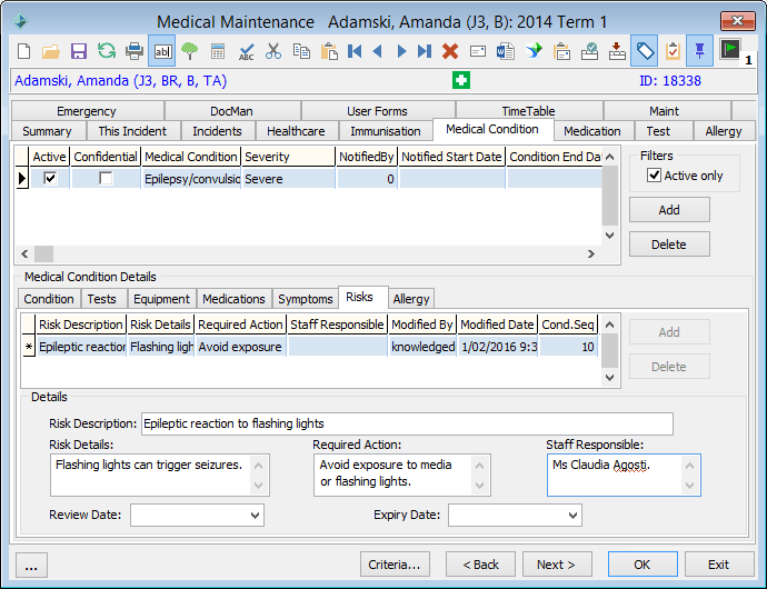 Medical Maintenance - Medical Condition tab - Risks sub-tab