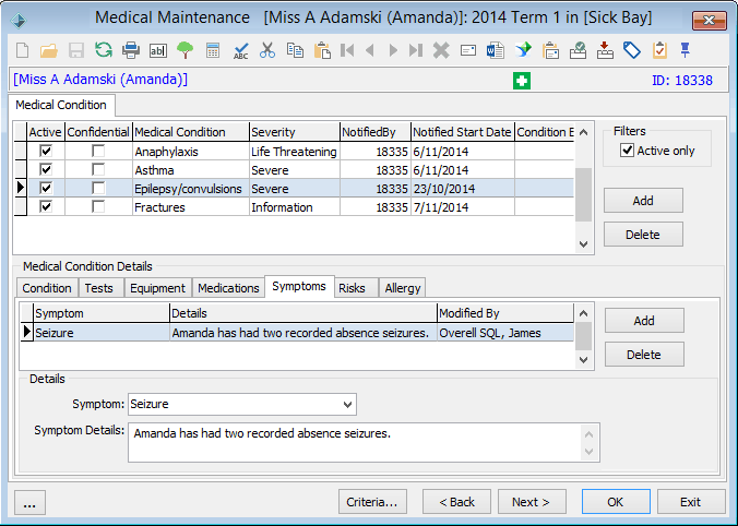 Medical Maintenance - Medical Condition tab - Symptoms sub-tab