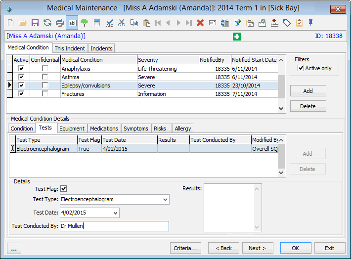 Medical Maintenance - Medical Condition tab - Tests sub-tab