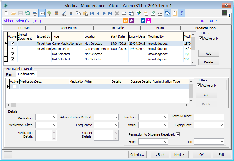 Medical Maintenance - Medical Plan tab - Medications sub-tab