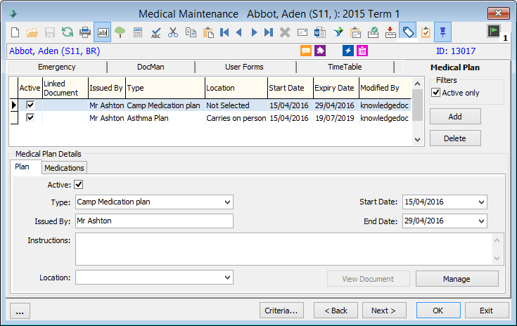 Medical Maintenance - Medical Plan tab - Plan sub-tab