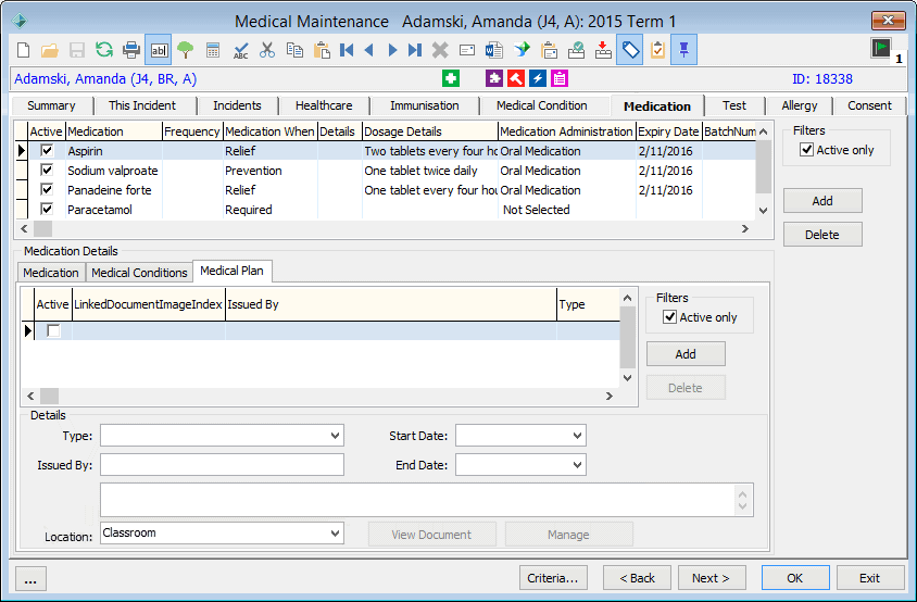 Medical Maintenance - Medications tab - Medical Plan sub-tab