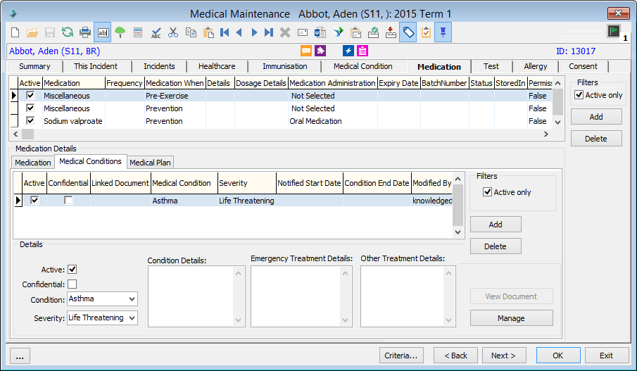 Medical Maintenance - Medication tab - Medical Conditions sub-tab