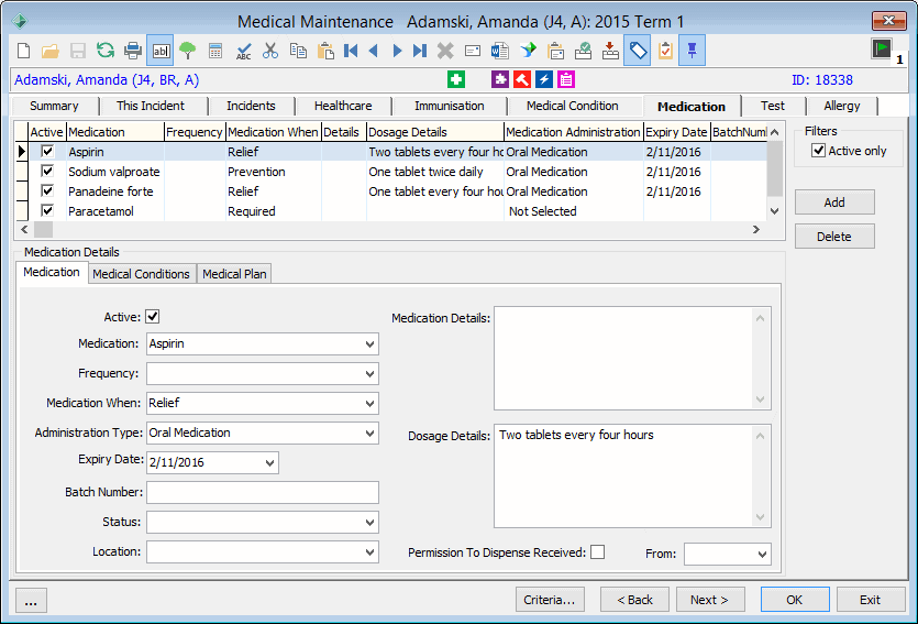 Medical Maintenance - Medication tab