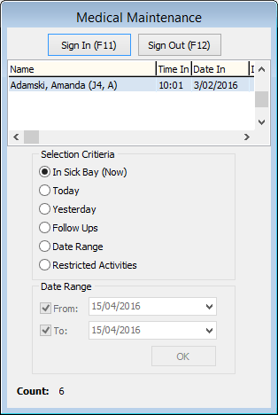 Medical Maintenance - Selector panel (student signed in)