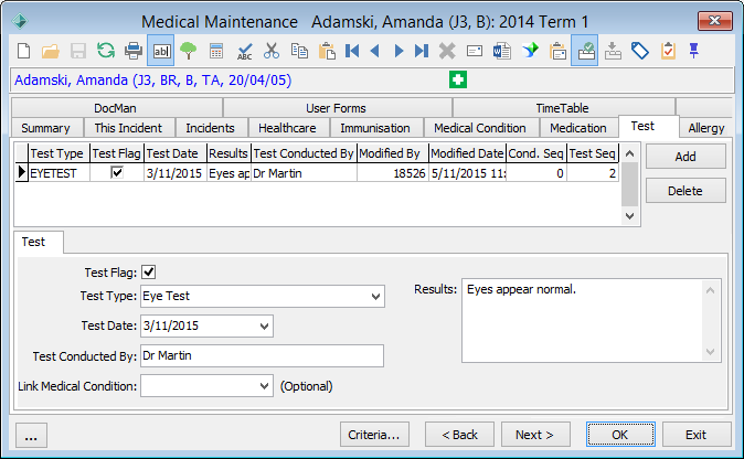 Medical Maintenance - Tests tab